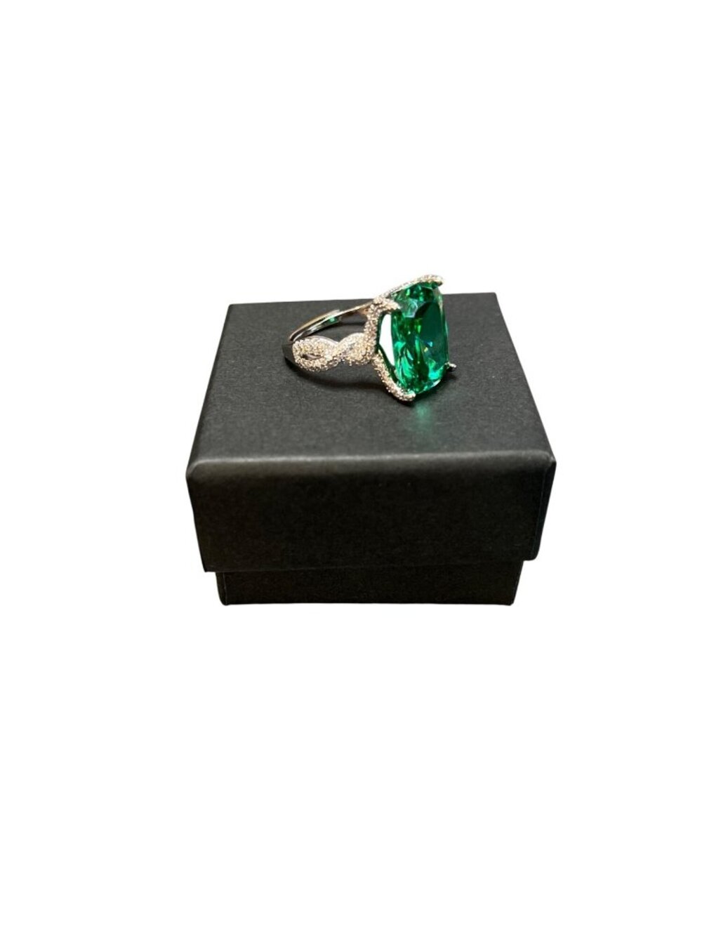 Emerald Green Rhinestone Cocktail Adjustable Ring Silver-Plated Size 7.5-8